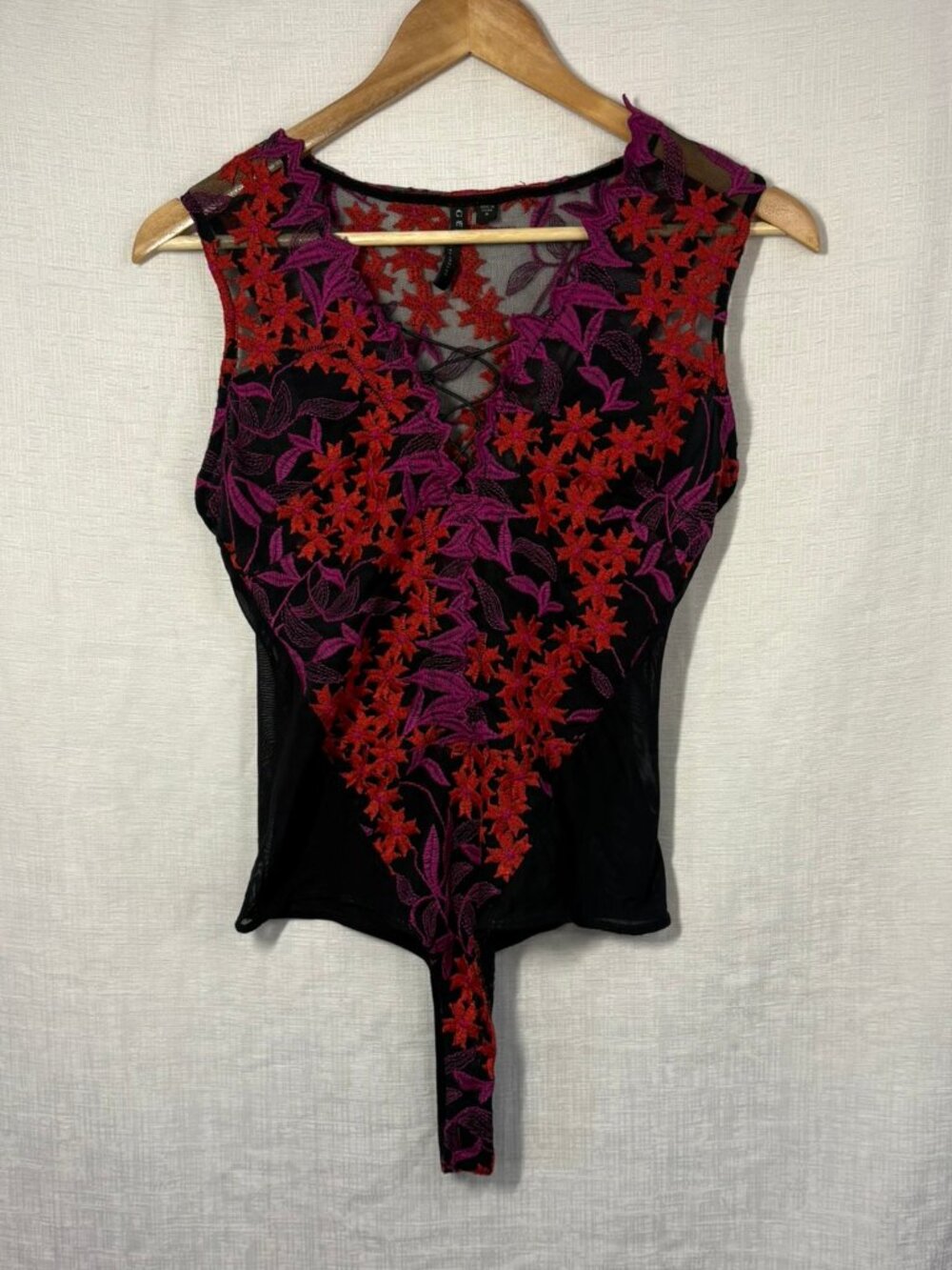Vintage GUESS Embroidered Mesh Bodysuit, 90s Y2K Floral Lace‑Up, Size M